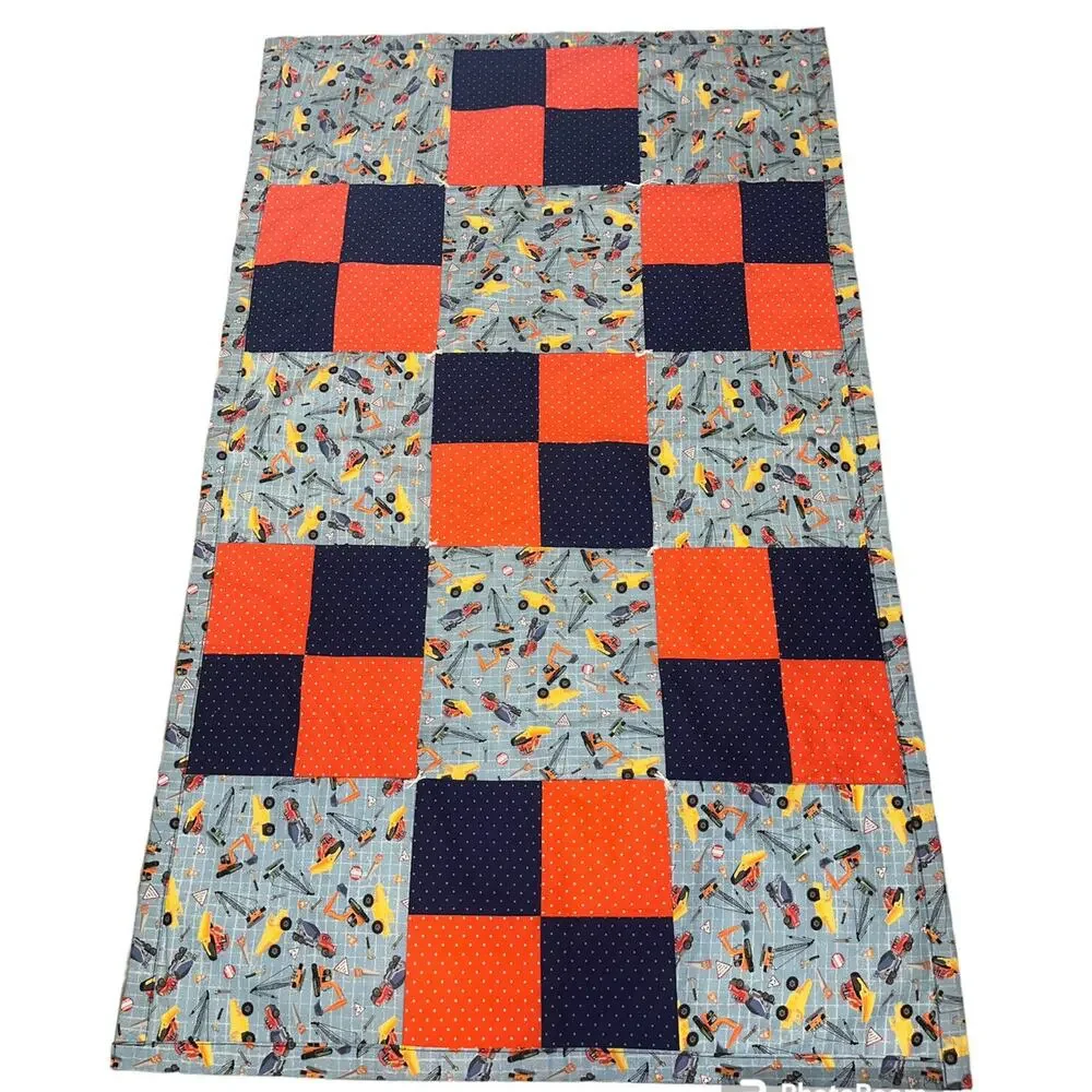 Handmade Quilt Trucks Tools Construction Blanket Blue Orange 50 1/2
